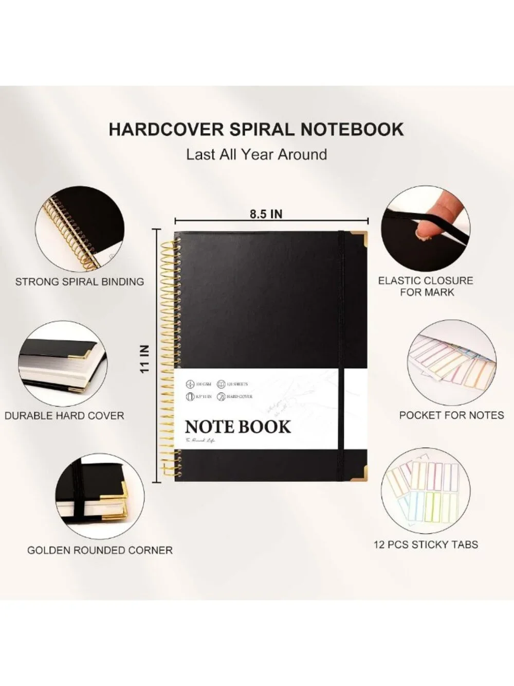Large Black Spiral Notebook, College Ruled, 200 Pages, Hardcover Journal for